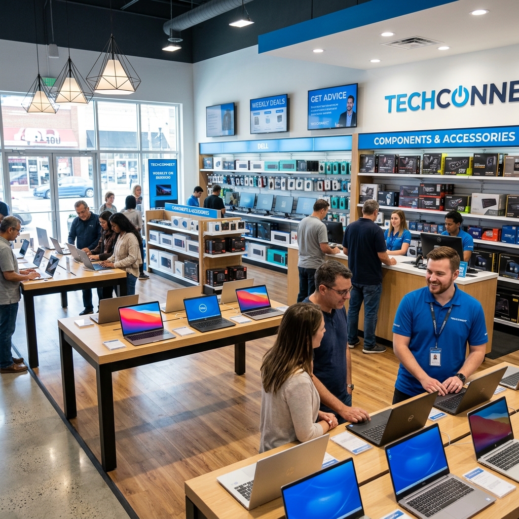 City Infotech store interior with expert staff and products on display